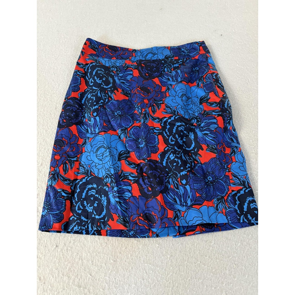 Ann Taylor Skirt Womens Petite 0P Red Blue Floral Pencil Lined Back Vent Office
